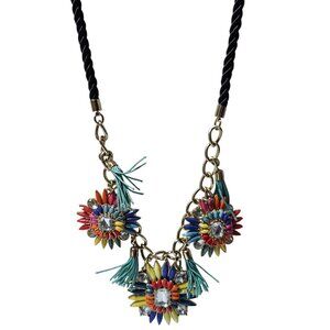 Colorful Floral Pendants Statement Necklace Tassels Rhinestone Black Rope Chain